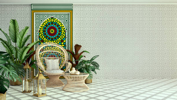 istock Arabic,Islamic style interior.Rattan chair,table and arabic pattern in background.3d rendering 1311227577