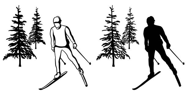 sylwetka na nartach x-country - telemark skiing stock illustrations