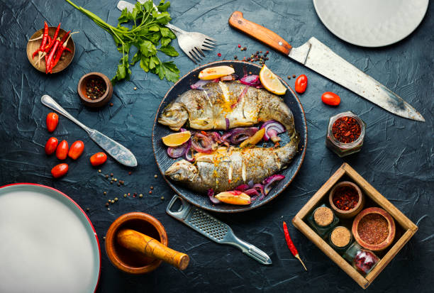 Baked trout with lemon,top view