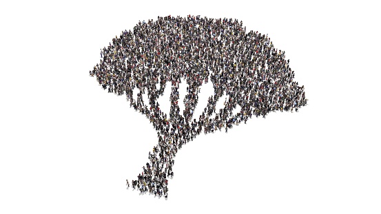 3d rendering of people gathering into crowd and forming different symbols and text