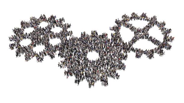 istock Crowd of people gather and form cog wheels 1311230892