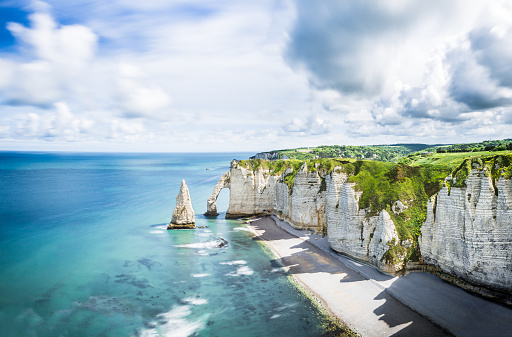 Panorama view sea view in Etretat beach coast normandy atlantic ocean cliffs rocks france