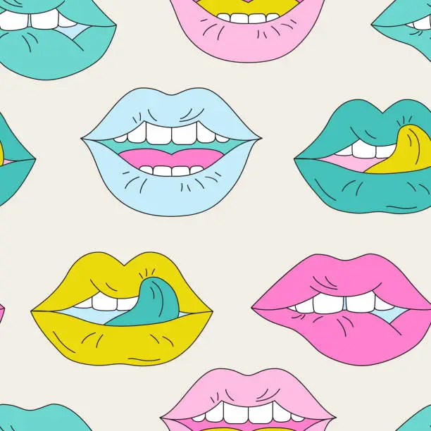 Vector illustration of Funky open mouth with teeth, sensual lips, positive emotions seamless pattern .