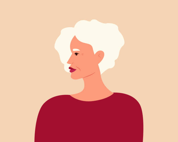 Portrait of a mature fashionable woman hair.Side view. Sad, depressed, lonely  senior woman concept. Vector illustration in flat style. vector art illustration