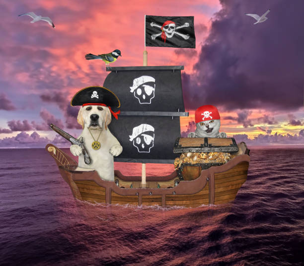 A beige cat and a dog labrador with a chest of gold are on a pirate sailing ship in the open sea.