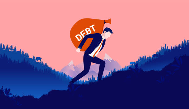 ilustrações de stock, clip art, desenhos animados e ícones de big debt - man carrying the heavy weight of financial debt on his back up hill - debt