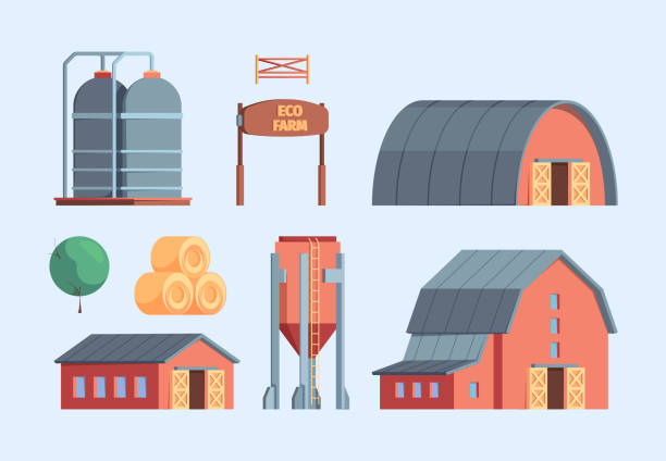 ilustrações de stock, clip art, desenhos animados e ícones de farm buildings. rural constructions agricultural objects ranch warehouse wooden house windmill chicken coop garish vector flat illustrations isolated - barn wood window farm