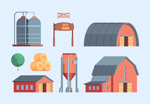 Farm buildings. Rural constructions agricultural objects ranch warehouse wooden house windmill chicken coop garish vector flat illustrations isolated. Building barn farm, warehouse and ranch farmhouse