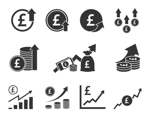 ilustrações, clipart, desenhos animados e ícones de libra esterlina moeda aumentar ícone definido, crescimento da taxa de dinheiro gbp - british pounds illustrations