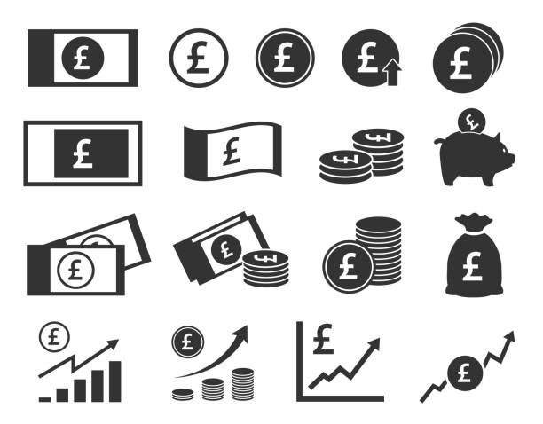 pound sterling coins and banknotes icons, British money signs set the pound or sterling icon set, british coins and banknotes signs pound sign stock illustrations