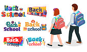 Children go to school with backpacks. Set of colorful letterings back to school . Flat image