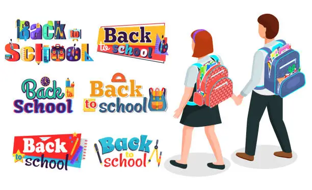 Vector illustration of Children go to school with backpacks. Set of colorful letterings back to school . Flat image