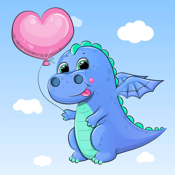 istock A cute cartoon dragon with a balloon is flying in the sky. 1311240067