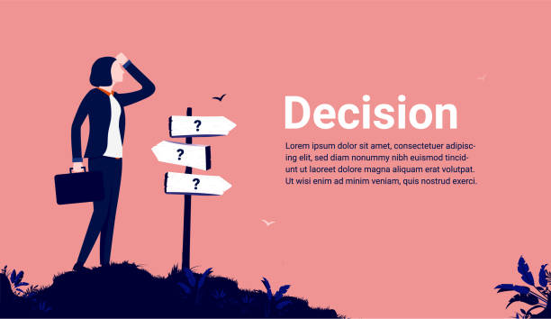 Decision making - Businesswoman uncertain and filled with doubt in front of signpos Making choices and the way forward concept. Vector illustration. crossroad illustrations stock illustrations