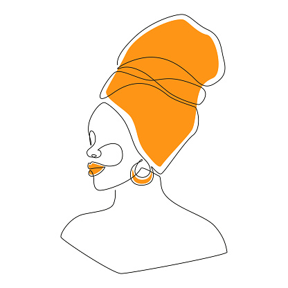 African woman face in one line drawing. Portrait of Beautiful woman in headwrap. Abstract modern Vector Illustration for logo, print, t-shirt, emblem, wall art.