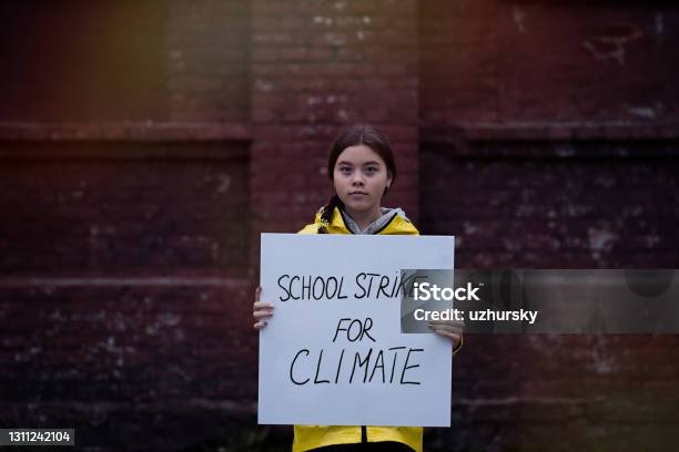 Teenage Girl Holding A Poster On Climate Change Stock Photo - Download Image Now - Strike - Protest Action, Climate, Teenager