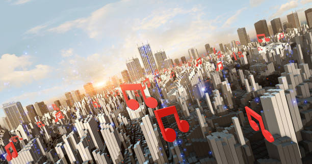 istock Musical Note Symbols Flying All Over The Developed City Aerial 1311245954