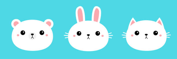 белый медвежонок кролик, кролик, котенок котенок, котенок круглые лица голову значок набор. мультфильм смешной ребенок характер. симпатичн� - rabbit pets baby rabbit white background stock illustrations