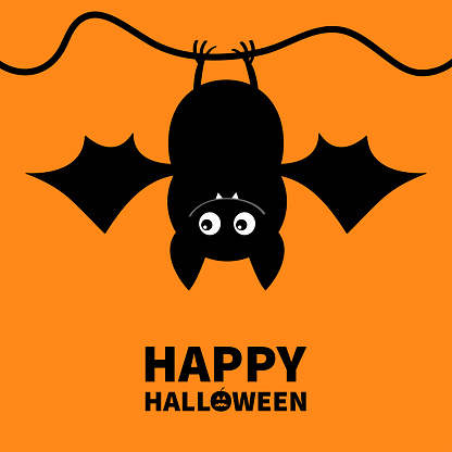 Cut bat. Happy Halloween. Hanging animal. Cartoon kawaii funny baby charater. Greeting card. Flat design. Orange background. Isolated. Vector illustration.