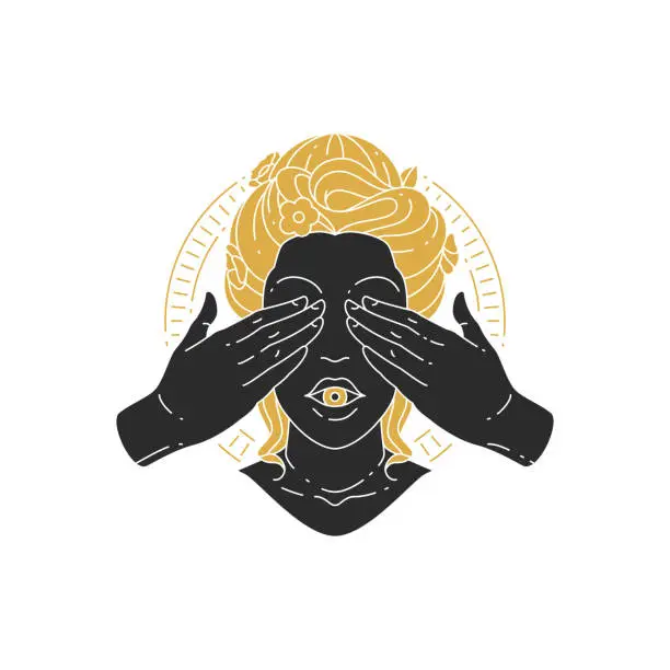 Vector illustration of Beauty mystic female portrait with hand covering eyes silhouette