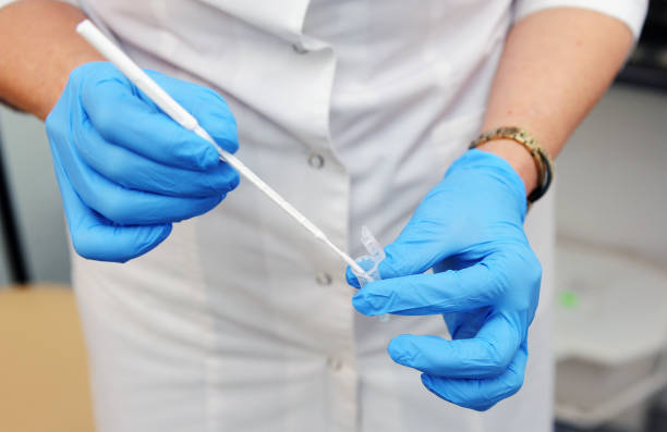 a gynecologist in blue gloves is taking an analysis for research. gynecologist taking a smear. - sti imagens e fotografias de stock