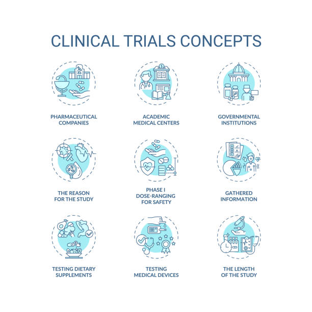 illustrations, cliparts, dessins animés et icônes de ensemble d’icônes concept d’essais cliniques - recherche médicale