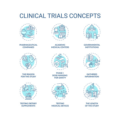 Clinical trials concept icons set. Medical studies idea thin line RGB color illustrations. Testing dietary supplements. Academic medical centers. Vector isolated outline drawings. Editable stroke