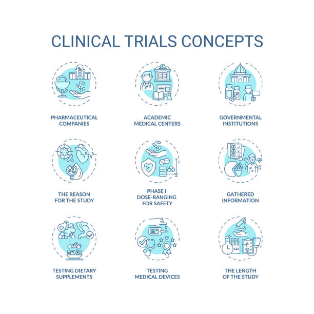 Clinical trials concept icons set Clinical trials concept icons set. Medical studies idea thin line RGB color illustrations. Testing dietary supplements. Academic medical centers. Vector isolated outline drawings. Editable stroke medical research stock illustrations