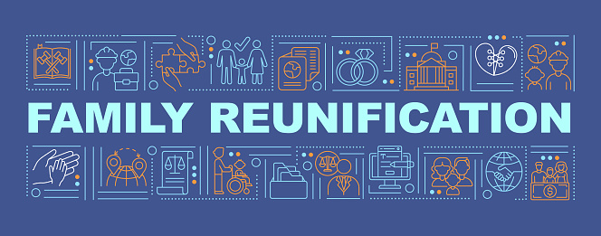 Family reunification word concepts banner. Parents with children moving abroad. Infographics with linear icons on navy background. Isolated typography. Vector outline RGB color illustration