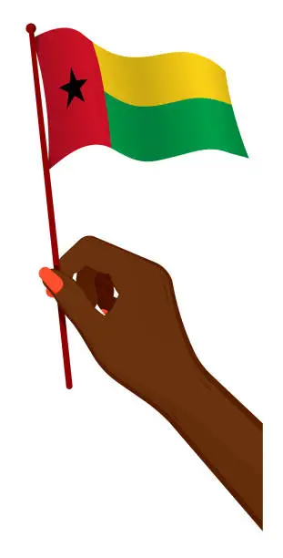 Vector illustration of Female hand gently holds small flag of Guinea Bissau. Holiday design element. Cartoon vector on white background