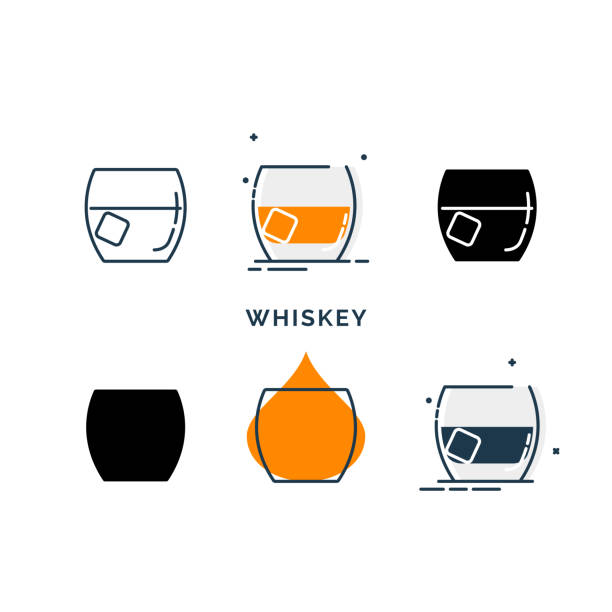 ilustrações de stock, clip art, desenhos animados e ícones de set of glasses with whiskey in different styles. shot glass drinks. template alcohol beverage for restaurant, bar. symbol party. collection one drink. isolated flat illustration on white background - shot glass glass alcohol color image