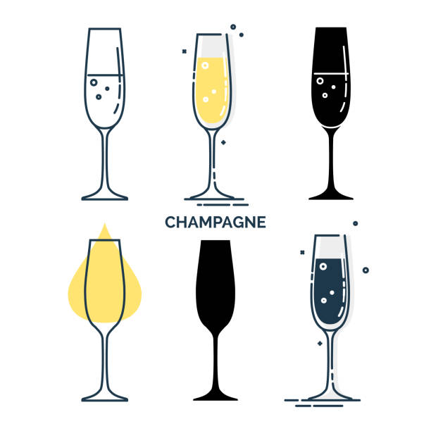 zestaw kieliszków z szampanem w różnych stylach. szablon napoju alkoholowego do restauracji, baru, pubu. strona symbolu szkła. kolekcja jeden napój. izolowana płaska ilustracja na białym tle - champagne flute stock illustrations