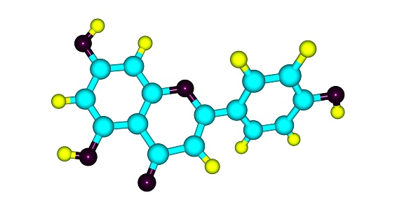 Apigenin, found in many plants, is a natural product belonging to the flavone class that is the aglycone of several naturally occurring glycosides. 3d illustration