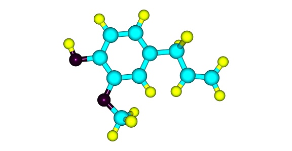 Eugenol is an allyl chain-substituted guaiacol, a member of the allylbenzene class of chemical compounds. It is a colorless to pale yellow, aromatic oily liquid. 3d illustration