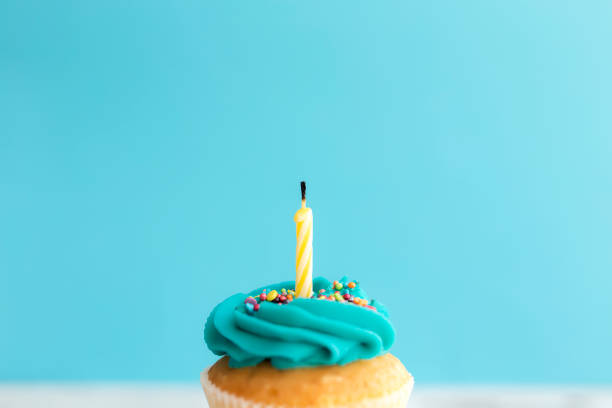 istock Birthday greeting concept. Blown out candle on muffin, cupcake. Blue background 1311253845