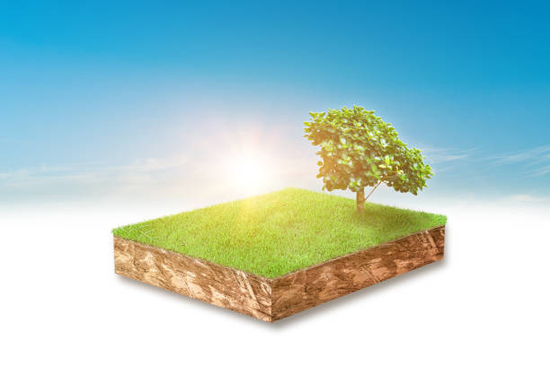 istock 3d illustration of cubical soil slice, green grass with trees floating over sky cloud background. 1311254032