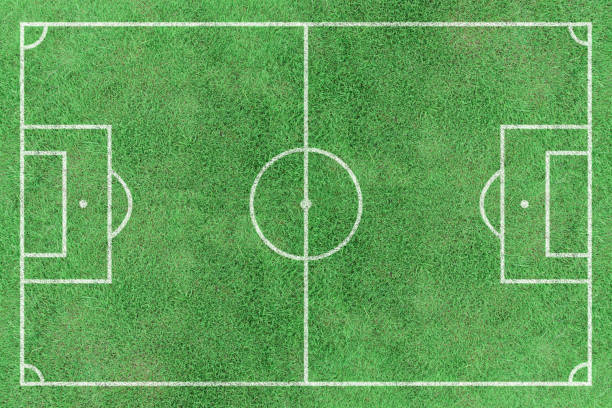 istock Top view stripe grass soccer field. Green lawn with white lines pattern background. 1311255429