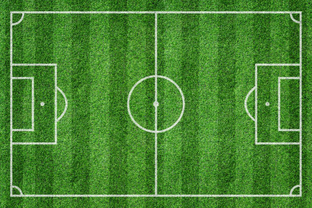 istock Grass soccer field with white pattern lines. Top view sport background. 1311256427