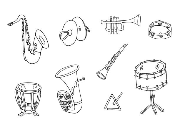 Saxophone, cymbals, tambourine, timpani, triangle, snare drum, tuba, clarinet and trumpet set. Hand drawn musical instruments vector icon collection. Saxophone, cymbals, tambourine, timpani, triangle, snare drum, tuba, clarinet and trumpet set. Hand drawn musical instruments vector icon collection. drum line stock illustrations