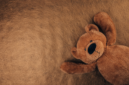Fluffy teddy bear on brown background. Flat lay concept.