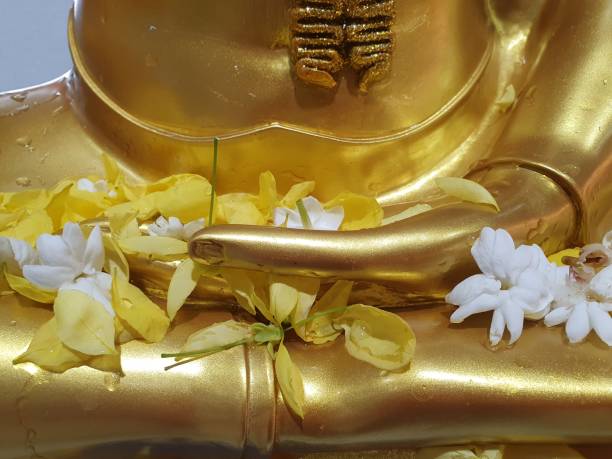 istock white and yellow flowers on hand Buddhist statue 1311264891