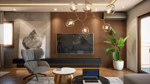Interior Design. Architecture. Computer generated image of living room. Architectural Visualization. 3D rendering.