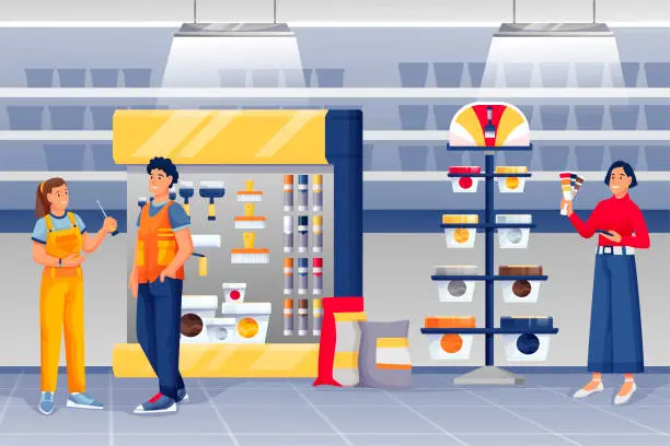 Vector illustration of People shopping in hardware shop. Woman assistant standing and talking to man, girl choosing paint vector illustration. Tools and materials store interior design panorama