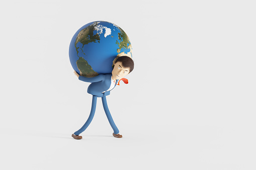 Businessman carrying the planet earth on his back and looking serious. 3D Rendering.