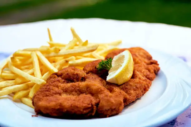original schnitzel with fries and salad in the restaurant