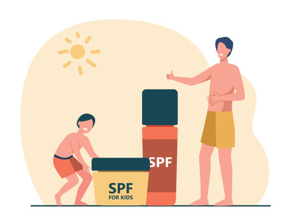 ilustrações de stock, clip art, desenhos animados e ícones de cartoon tiny adult and kid characters with giant sunscreen - spray tan body human skin