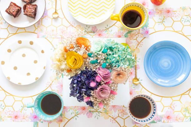 istock Table top view with sweet snack and coffee 1311271107