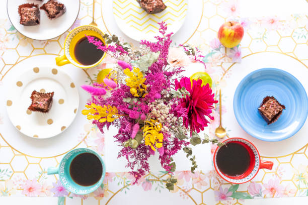 istock Table top view with sweet snack and coffee 1311271109