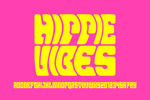 Hippie psychedelic style font design, 1960s alphabet letters and numbers