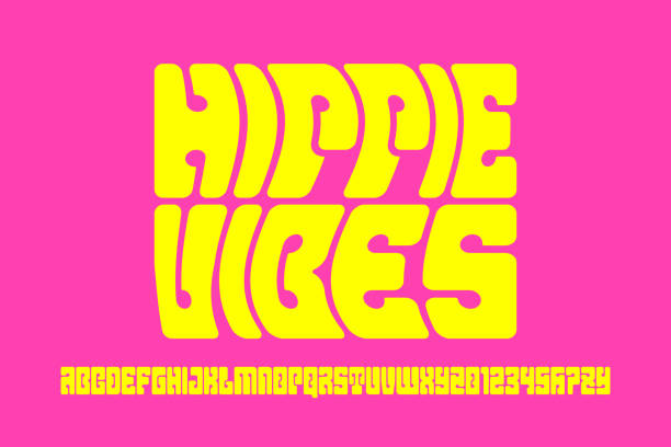 Hippie psychedelic style 1960s font Hippie psychedelic style font design, 1960s alphabet letters and numbers trance stock illustrations